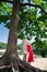 Aged couple standing near big tree near cozy city beach