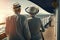 Aged couple tourists walk on the deck of a modern liner, summer resort. Ai generated. Travel concept