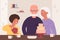 Aged elderly couple and boy dining at home, sitting at table, child holding teapot