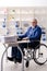 The aged employee in wheelchair working in the office