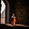 Aged golden fortified wine in the bottle on background of cellar of winery. AI generated