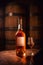 Aged golden fortified wine in the bottle and glass on background of wooden barrels in cellar of winery. AI generated