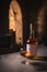 Aged golden fortified wine in the bottle and glass on background of wooden barrels in cellar of winery. AI generated