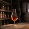 Aged golden fortified wine in the wine glass on background of wooden barrels in cellar of winery. AI generated
