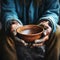 Aged hands clutch empty bowl, selective focus conveying the harshness of poverty