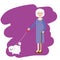 Aged lady walking with white fluffy dog. Old women, elderly grandmother with pet. Vector illustration