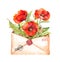 Aged mail envelope with red poppies flowers and postal stamps. Watercolor for anzac day, memorial design