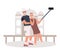 Aged male and female traveling around world, selphie concept, simple flat vector illustration on white background