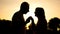Aged man silhouette holding woman hand in twilight illumination, tenderness