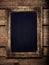 Aged menu blackboard over vintage wooden background. Empty Chal