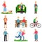 Aged people characters in different situations set, active lifestyle of elderly men and women cartoon vector