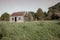Aged photo effect deserted small house in field long grass and yellow daffodils