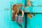 Aged rusted metall gate closed steel old padlock safety