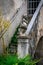 Aged stone staircase of an abandoned italian villa decorated with a stone sculpture of a child with curly hair