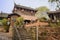 Aged traditional buildings in sunny winter morning