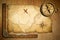 Aged treasure map, ruler and old brass compass