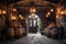 aged whiskey barrels in a cobblestone cellar with vintage lanterns