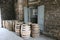 Aged whiskey, scotch, bourbon barrels in Kentucky ready for transportation