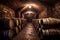 aged wine barrels in a traditional underground cellar