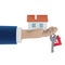 Agent hands with a house in the palm of your hand and a key on the finger. Offer to buy a house, rent a property.