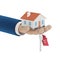 Agent hands with a house in the palm of your hand and a key on the finger. Offer to buy a house, rent a property.