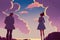 an agent saying goodbye scene to his wife, pink landscape illustration, ai generated image