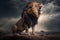 Aggressive angry Lion with big teeth on the background of a stormy sky, Generative AI