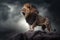 Aggressive angry Lion with big teeth on the background of a stormy sky, Generative AI