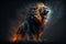 Aggressive angry Lion with big teeth on dark background with fire, Generative AI