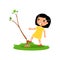 Aggressive boy breaking young tree flat vector illustration. Furious little asian girl damaging plant cartoon character