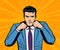 Aggressive businessman or super hero with fists. Business concept in pop art retro comic style. Cartoon vector