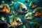 Aggressive dangerous flock of piranhas floating in warm tropical river