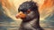 Aggressive Digital Illustration Of Crested Auklet In Mona Lisa Style