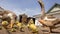 Aggressive home goose, next to small yellow goslings. Against the background of household