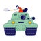 Aggressive Male Character Sit in Military Tank Armored with Pitchfork. Accident on Road, Drivers Conflict, Road War