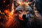 Aggressive mystical angry wolf on a dark background with smoke and fire, AI Generated