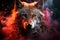 Aggressive mystical angry wolf on a dark background with smoke and fire, AI Generated
