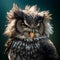 Aggressive Owl close-up that looks forward. Ruffled and shaggy owl, generated AI