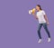 Aggressive woman shouting with megaphone, isolated on purple