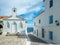 Agia Varvara church at Andros island, Chora town Cyclades Greece. Sea, sky background