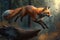 Agile red fox leaping over a fallen log in the forest