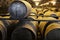 Aging old wooden barrels and casks in cellar at whisky distiller