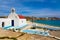 Agios Sostis church and beach in Mykonos, Greece