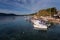 Agios Sostis, Zakynthos Island, Greece â€“ September 24, 2017: Boats in Laganas harbor on a summer cloudy day.