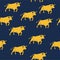 Agitated seamless pattern golden bulls rushes, digital bulls and digital finance concept. Artistic poster with saturated color.