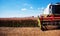 Agrarian industrial landscape with aggregates of a combine close-up, which collects a harvest on a field in a sunny day.