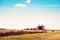 Agrarian industrial landscape with a combine, which collects a harvest on a field in a sunny day. prosperity, food safety,