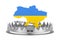 Agression to Ukraine Concept. Ukrainian Map in Colors of Ukrainian Flag Catch in Metal Bear Trap. 3d Rendering