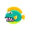Agressive Round Turquoise Fantastic Aquarium Tropical Fish With Big Teeth Cartoon Character
