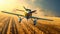 An agricultural aircraft plane watering a field during the daytime